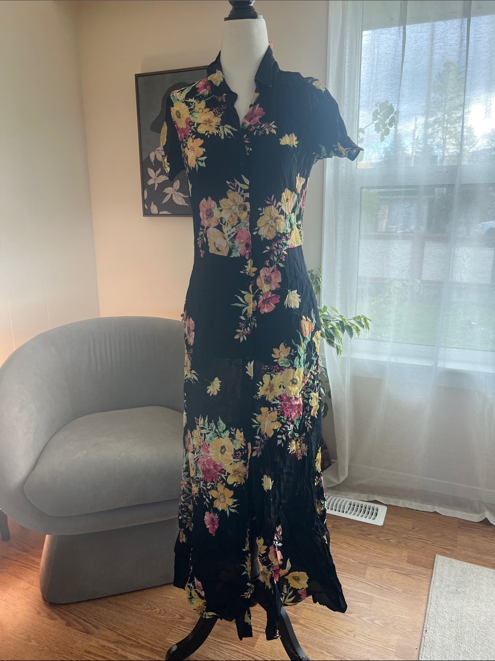 Zara Black Maxi Dress with Yellow & Pink Floral Print